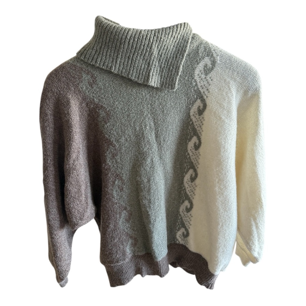 VTG 1980s Yves Venet Women’s Sweater Beige Grey and White Knited Boucle Size M